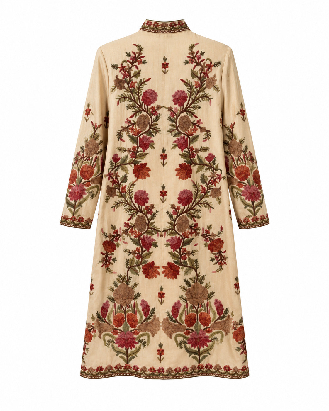 Abrigo beige con bordado marrón, verde y rosa