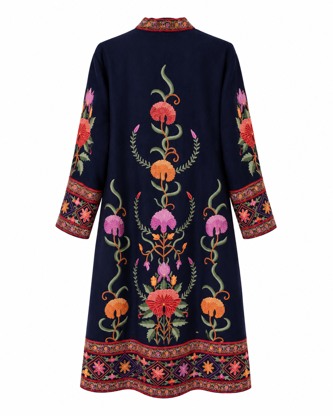 Abrigo de lana azul con bordado floral