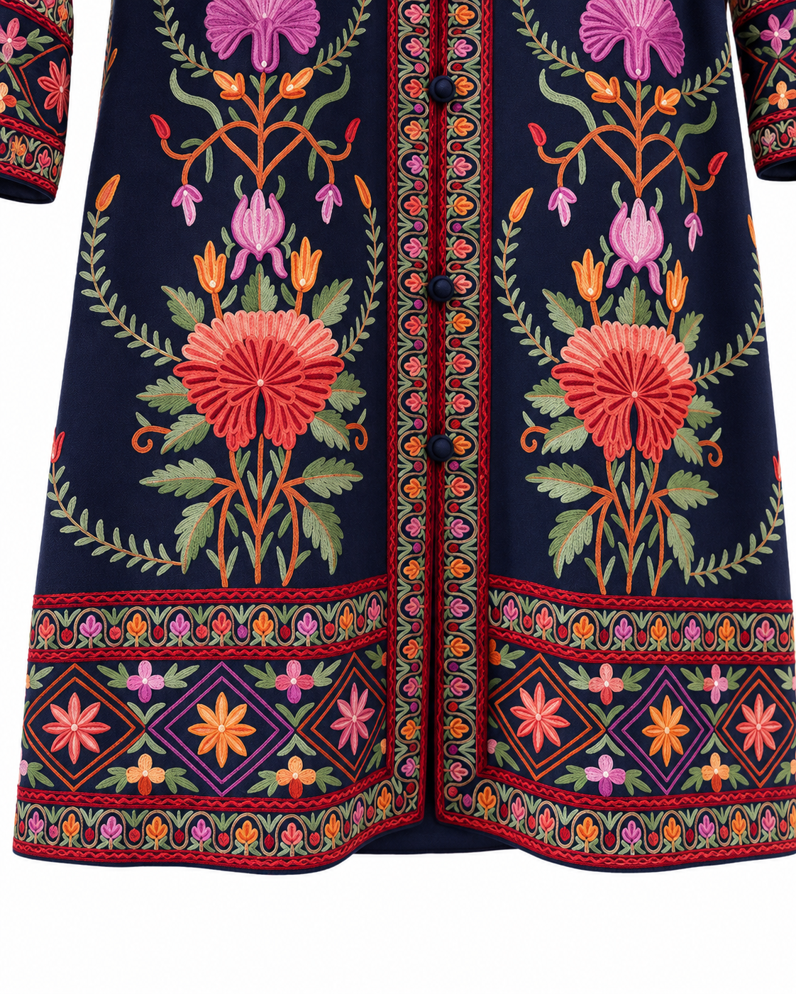 Abrigo de lana azul con bordado floral