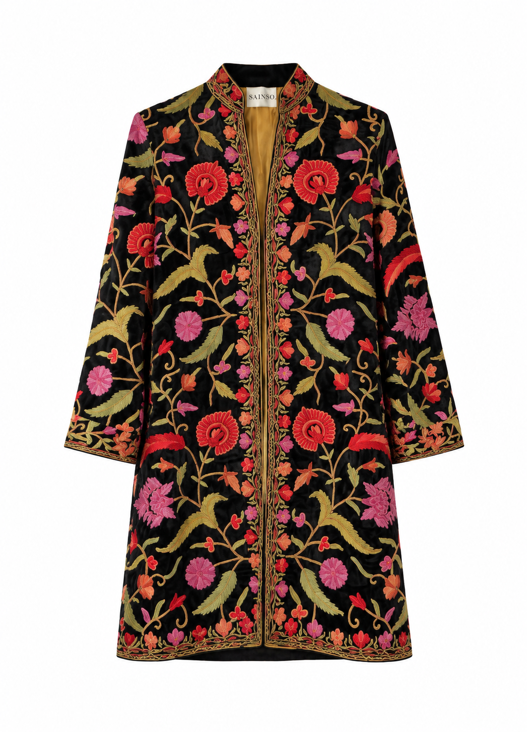 Abrigo de terciopelo negro con bordado floral, talla S