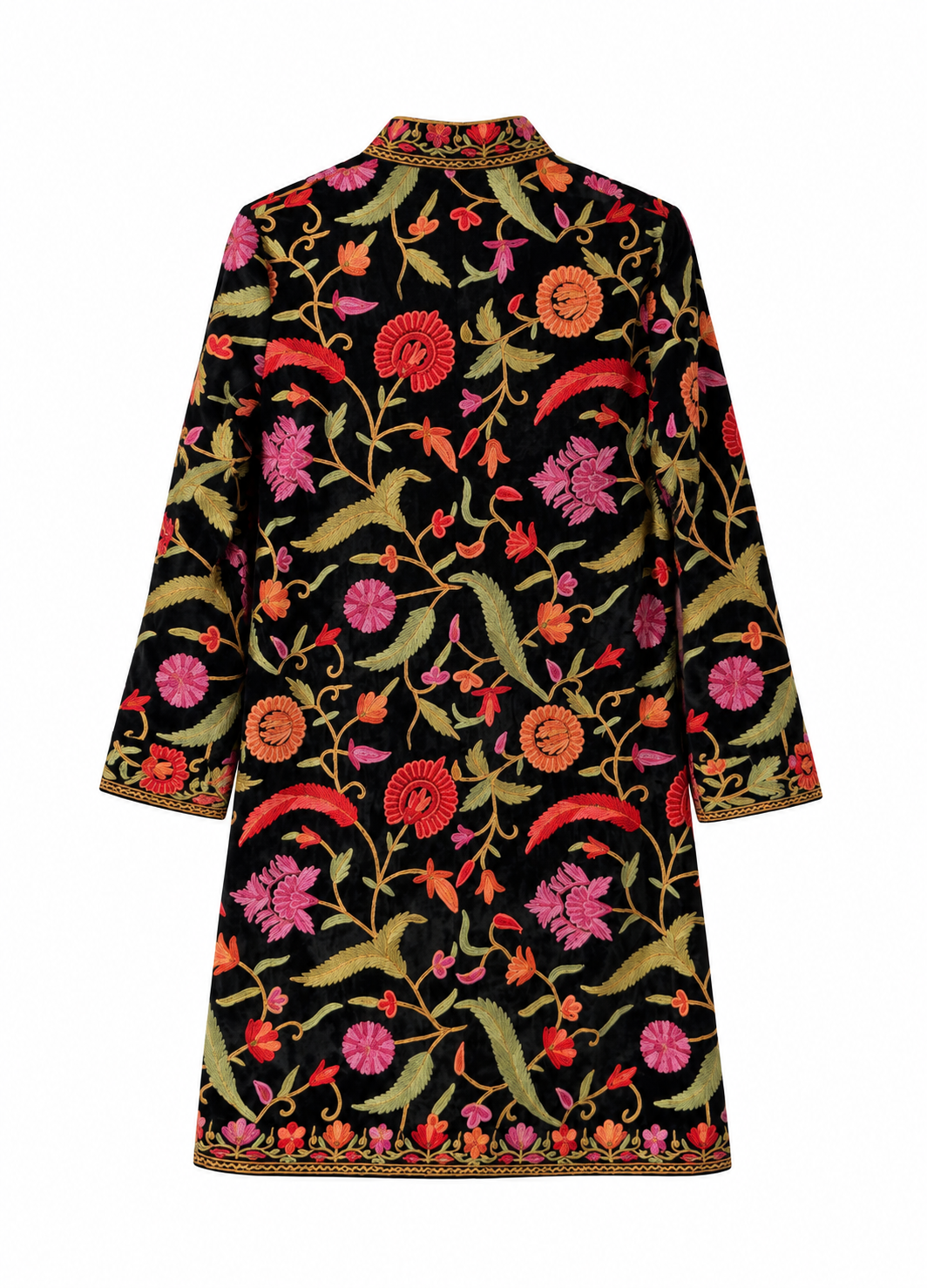 Abrigo de terciopelo negro con bordado floral, talla S