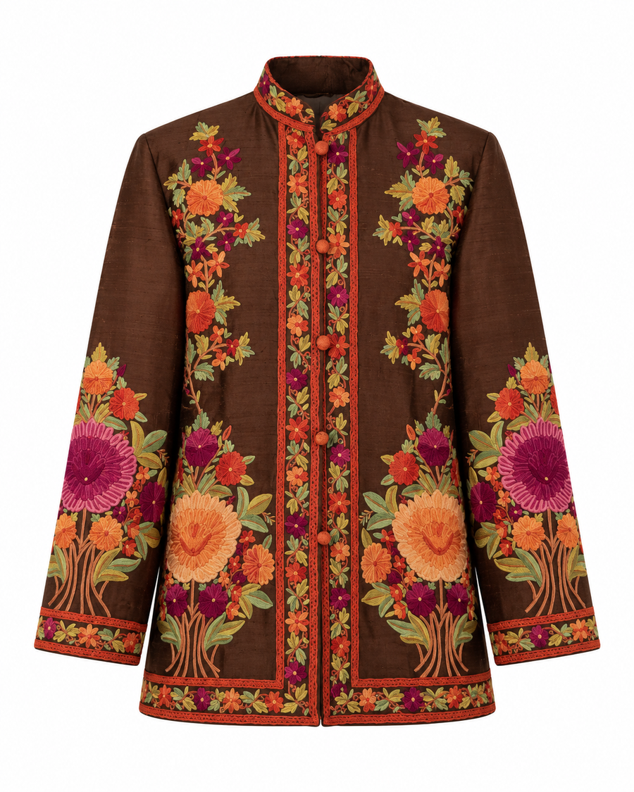 Chaqueta de seda marrón con flores