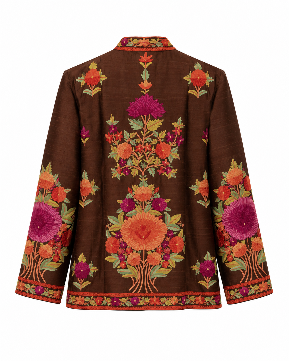Chaqueta de seda marrón con flores