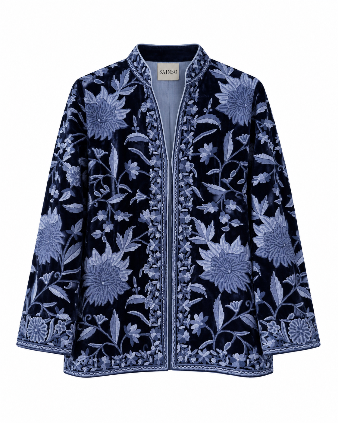 Chaqueta de terciopelo azul con bordado celeste
