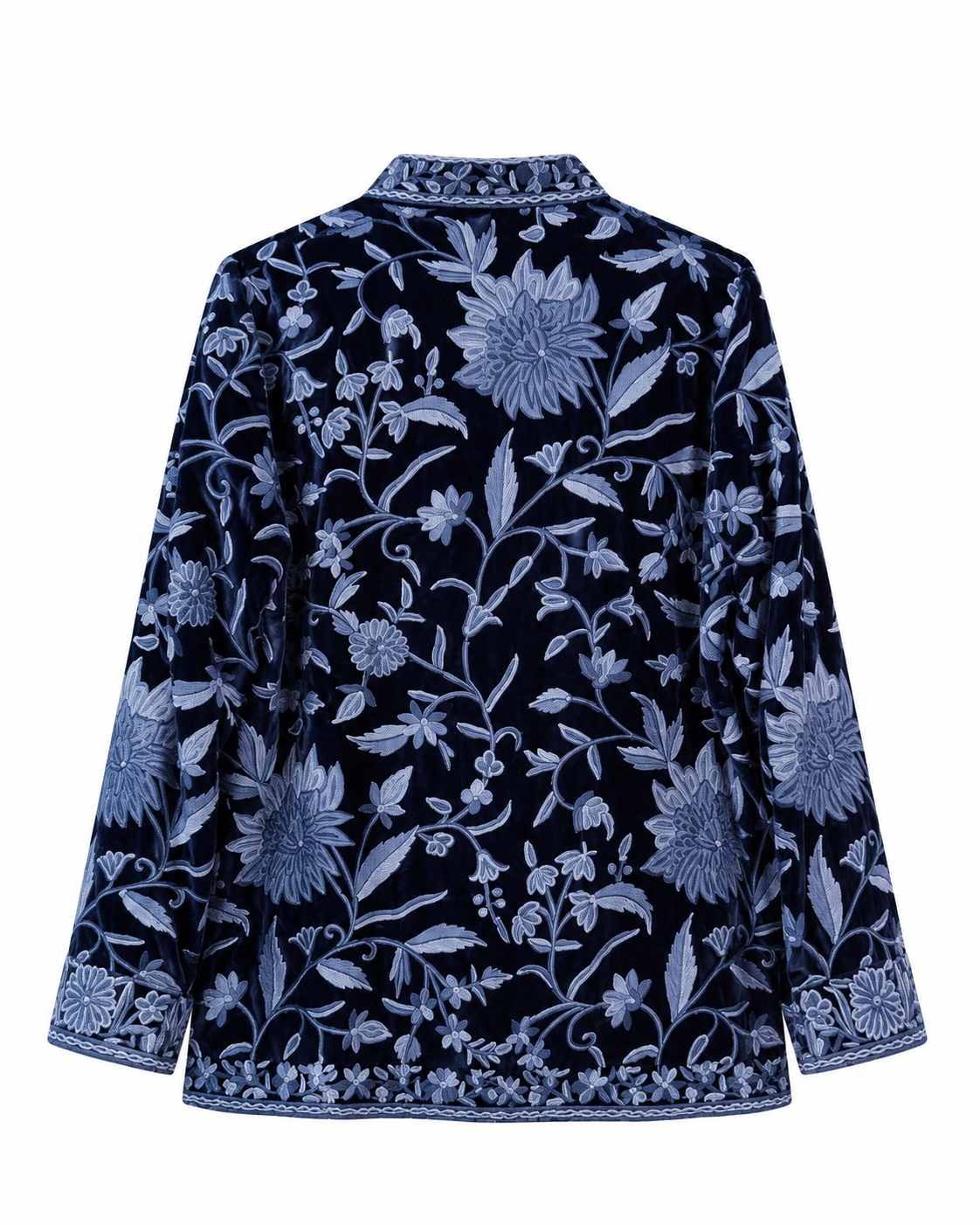 Chaqueta de terciopelo azul con bordado celeste