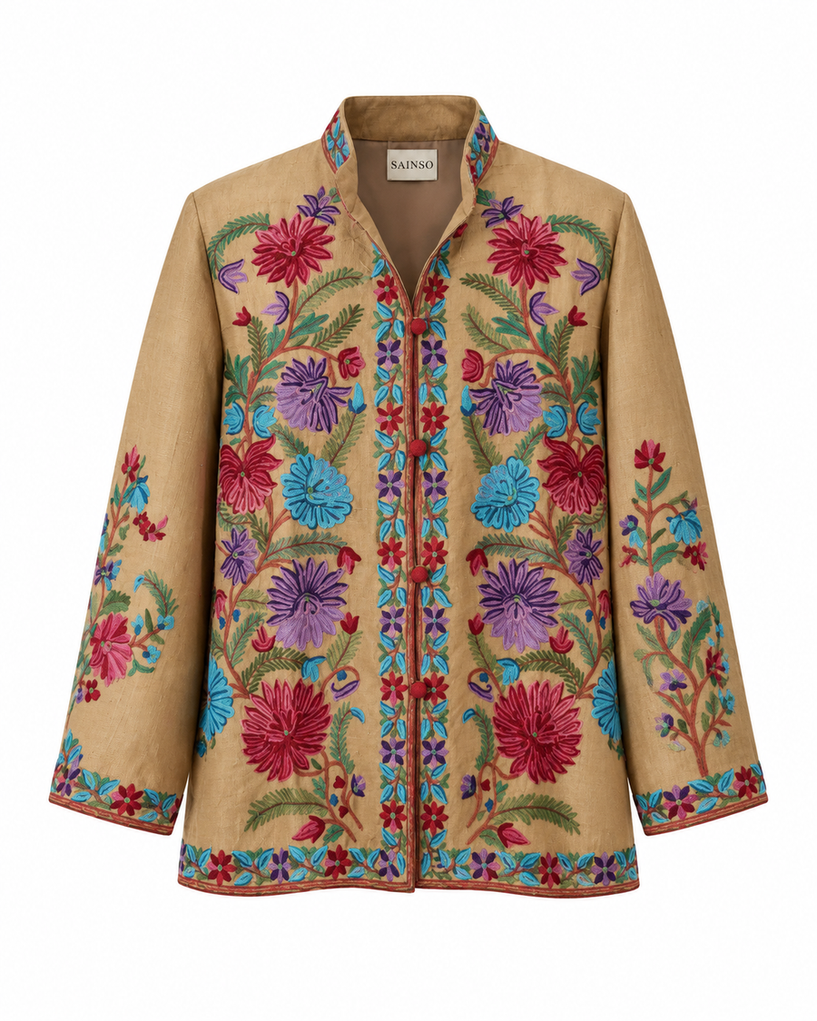 Chaqueta de seda beige oscuro con bordado multicolor