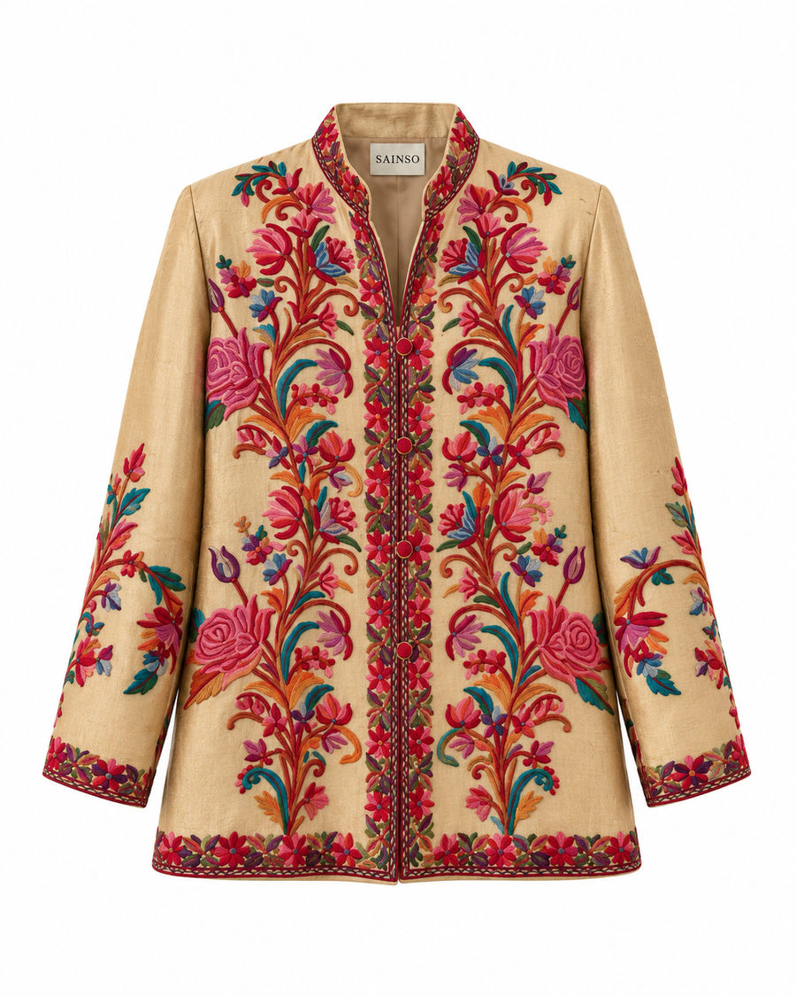 Chaqueta beige claro con bordado multicolor