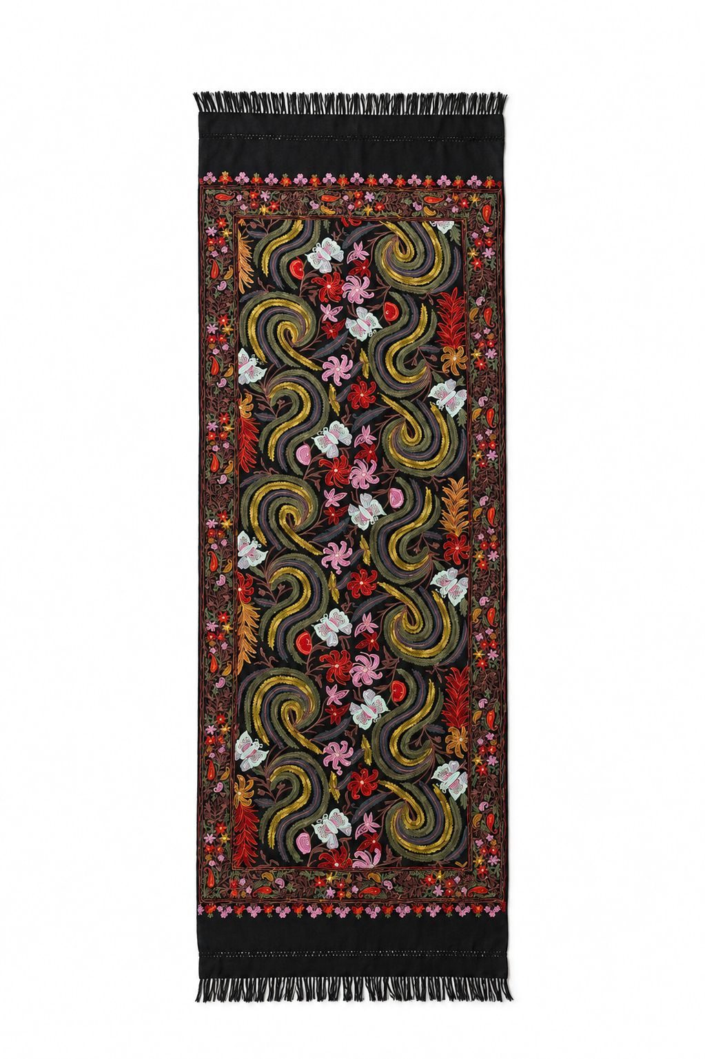 Fular negro con flores y mariposas