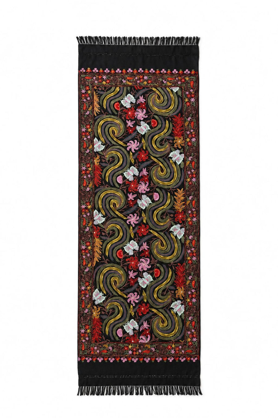 Fular negro con flores y mariposas
