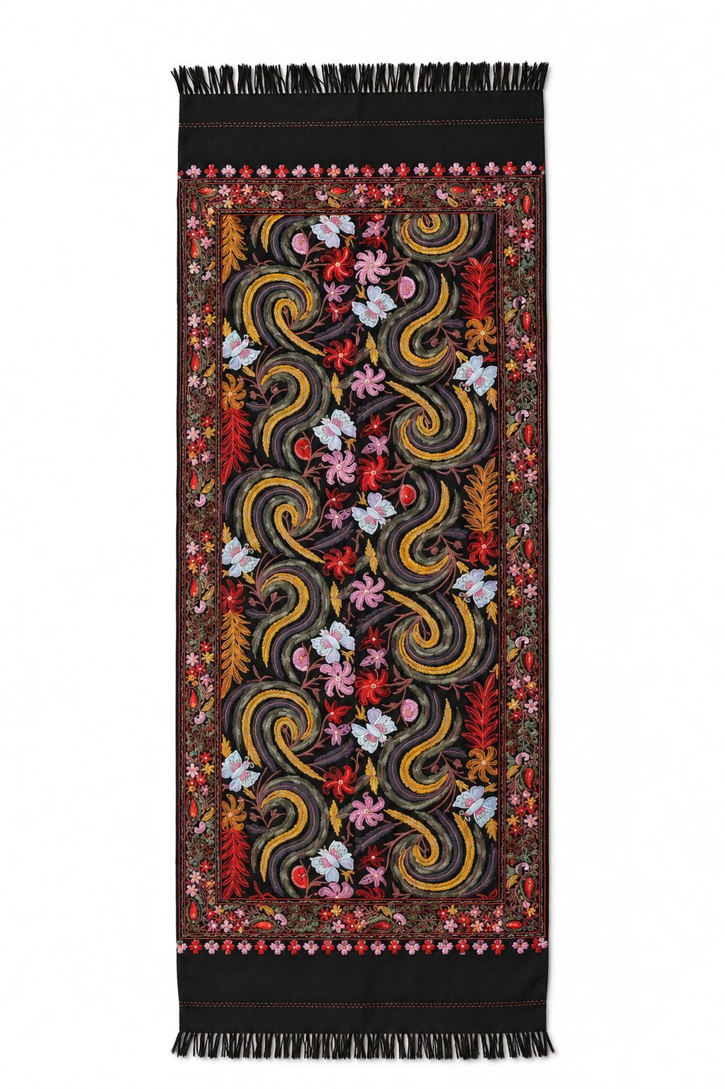 Fular negro con flores y mariposas